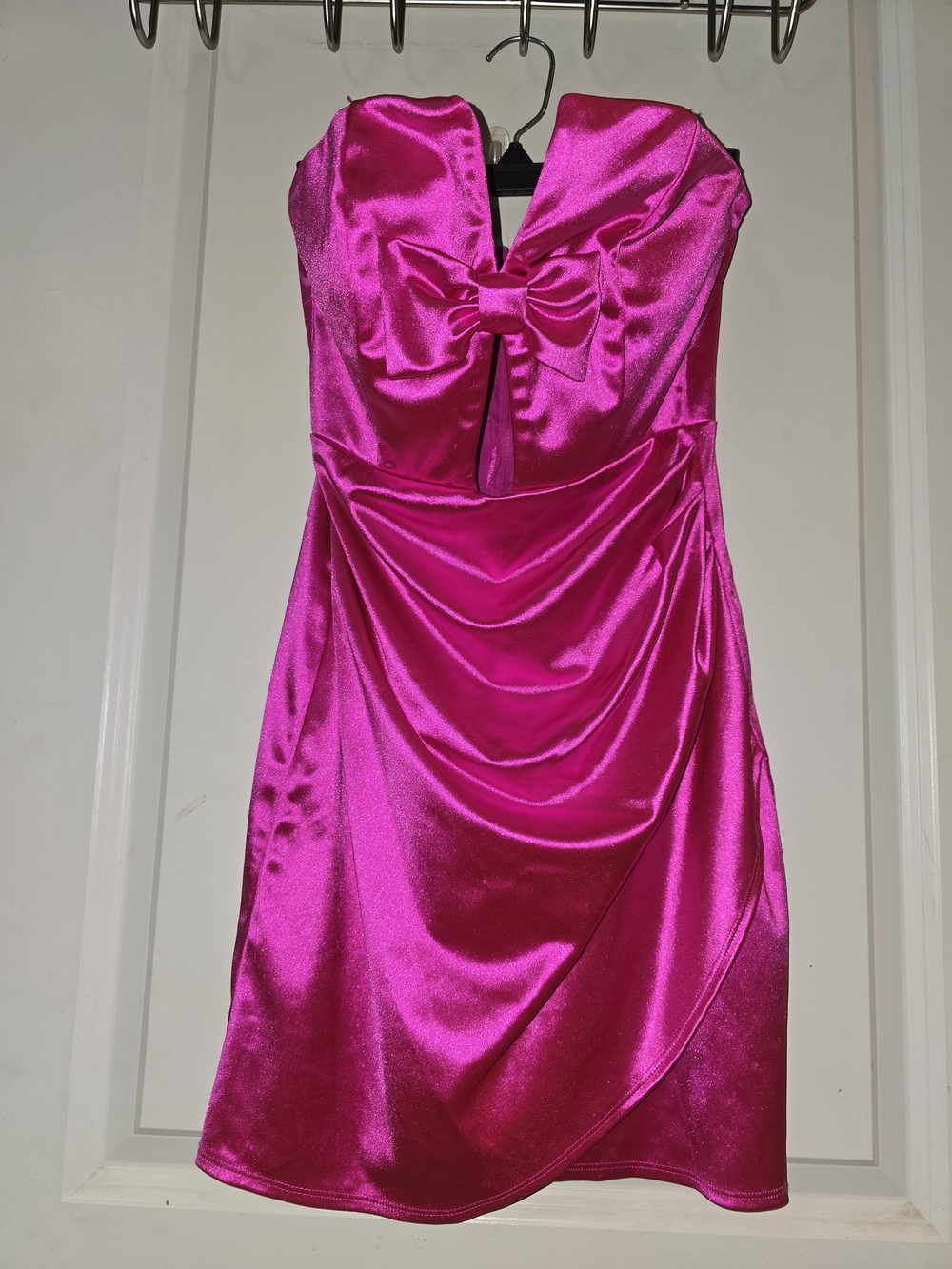 Honey and Rosie Strapless Satin Dress with Front Bow - Hot Pink